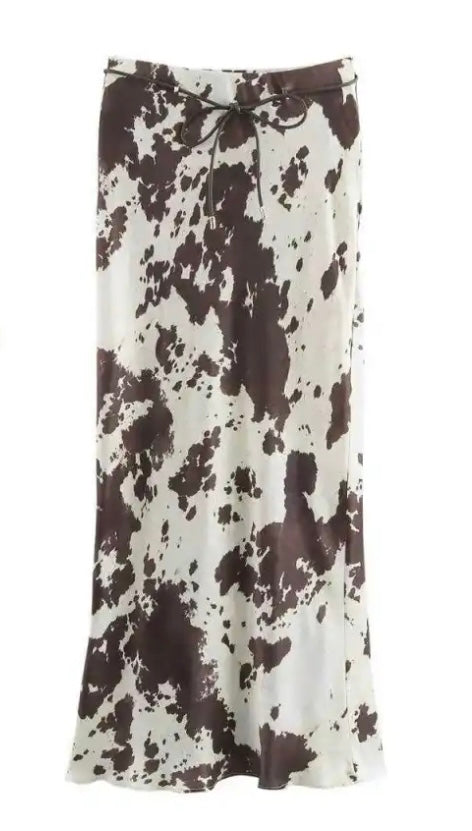 Falda de satén con estampado de vaca