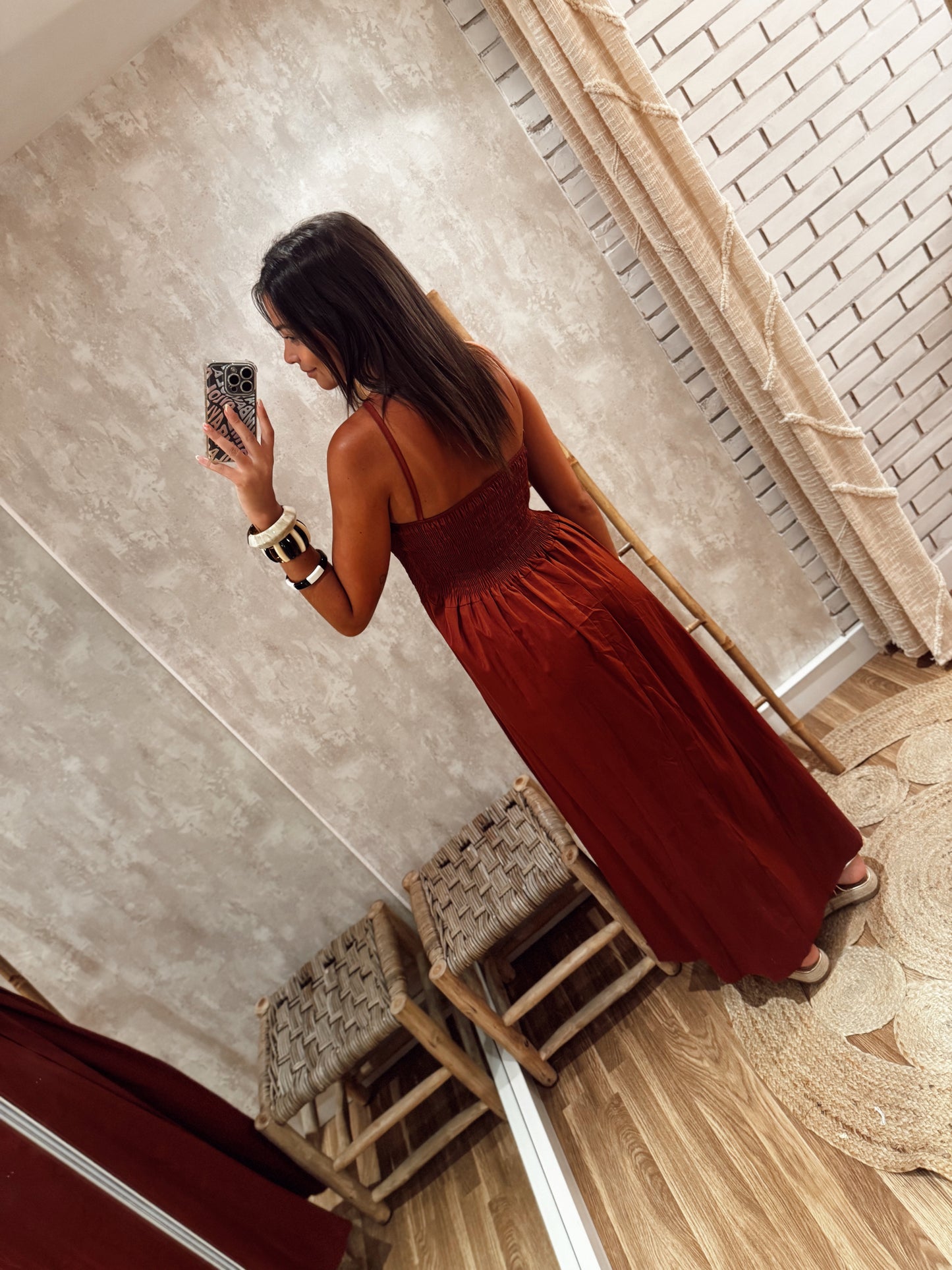Vestido comprido em popelina com efeito corpete em favo de mel- Telha