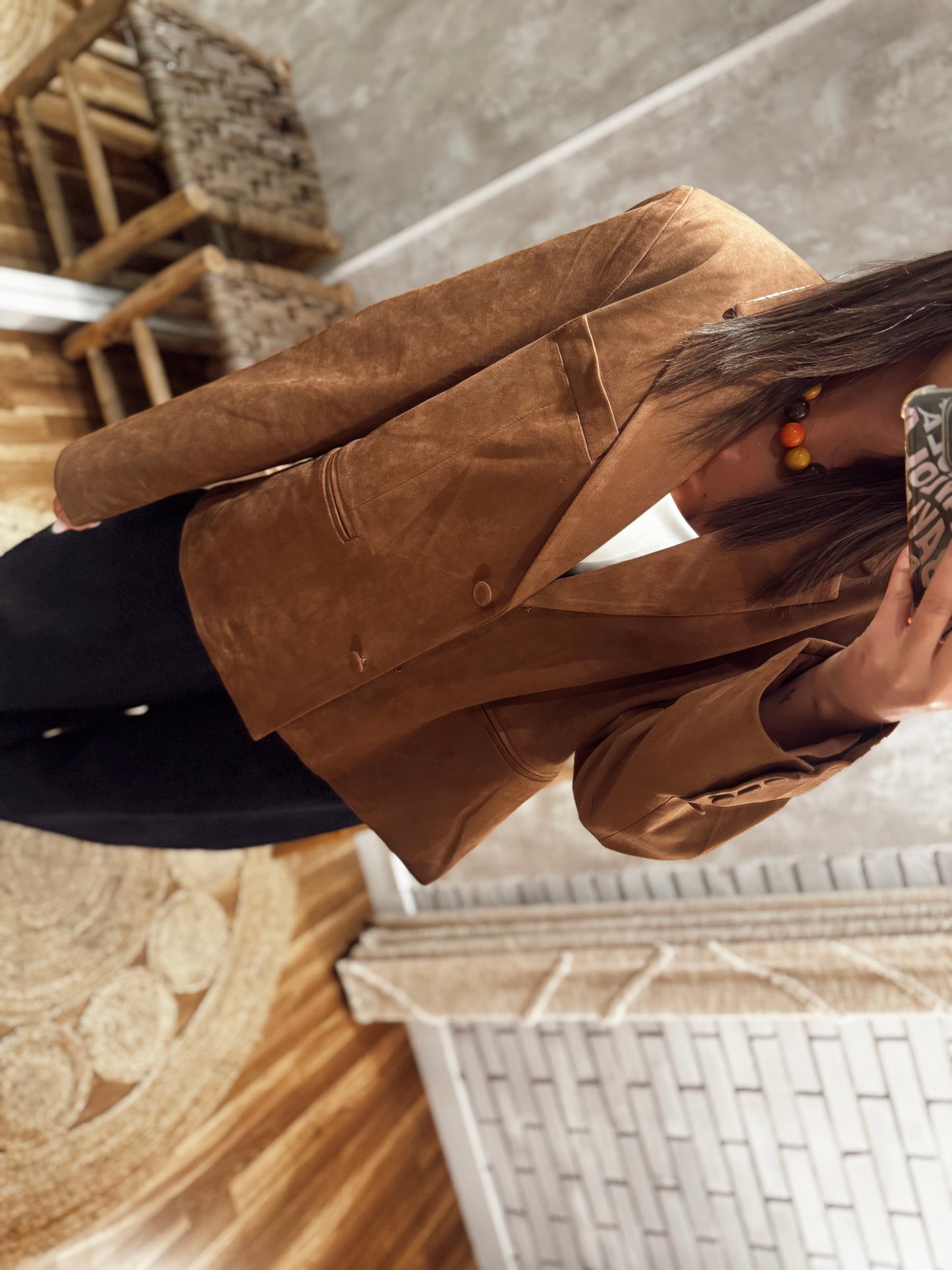 Blazer oversized em pele de pêssego -Camel