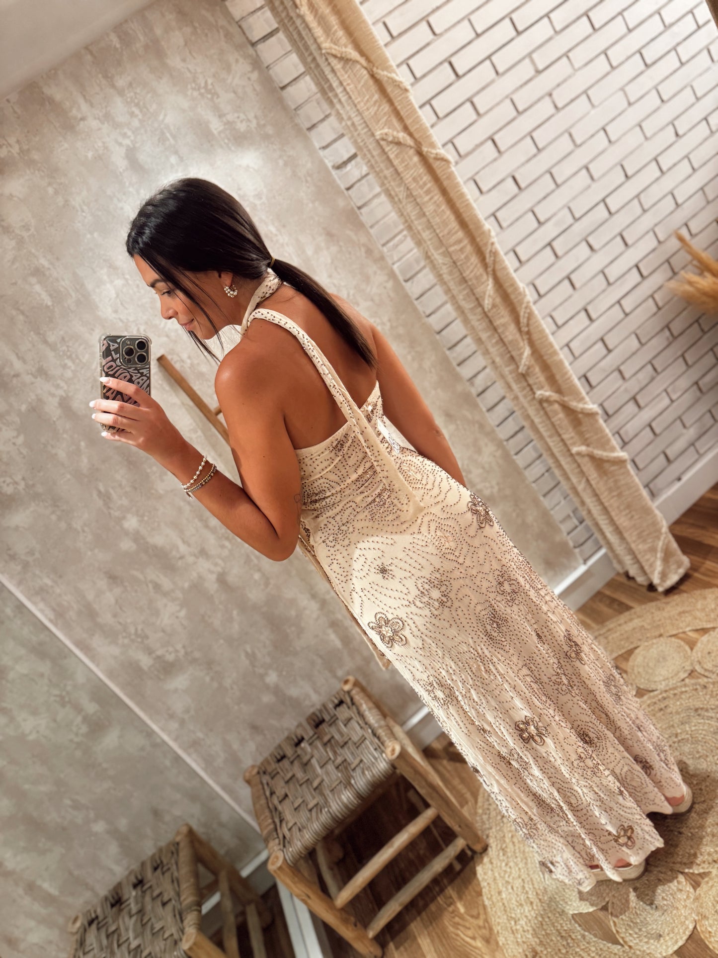 Conjunto de top, saia e lenço c/miçangas