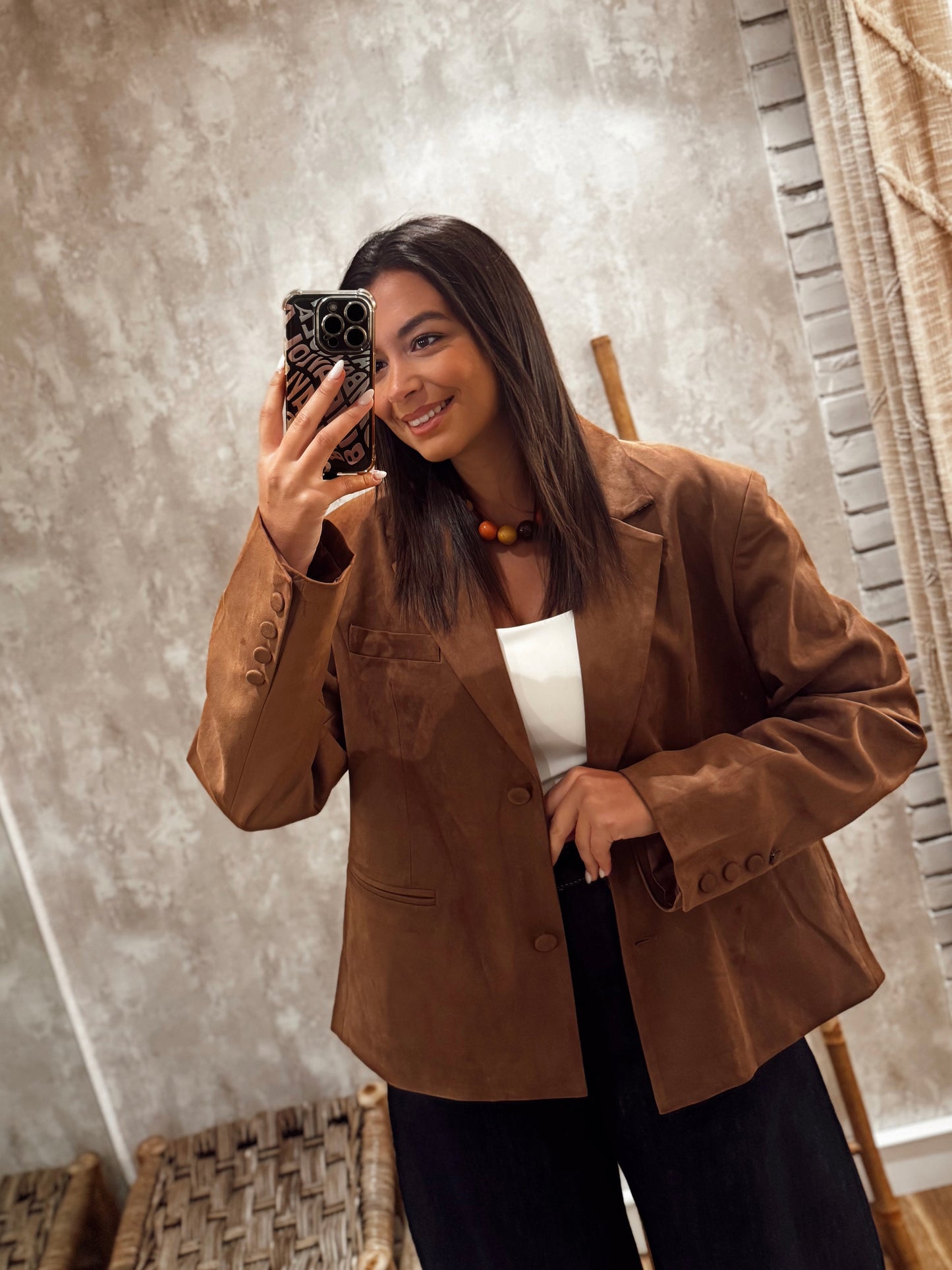 Blazer oversized em pele de pêssego -Camel