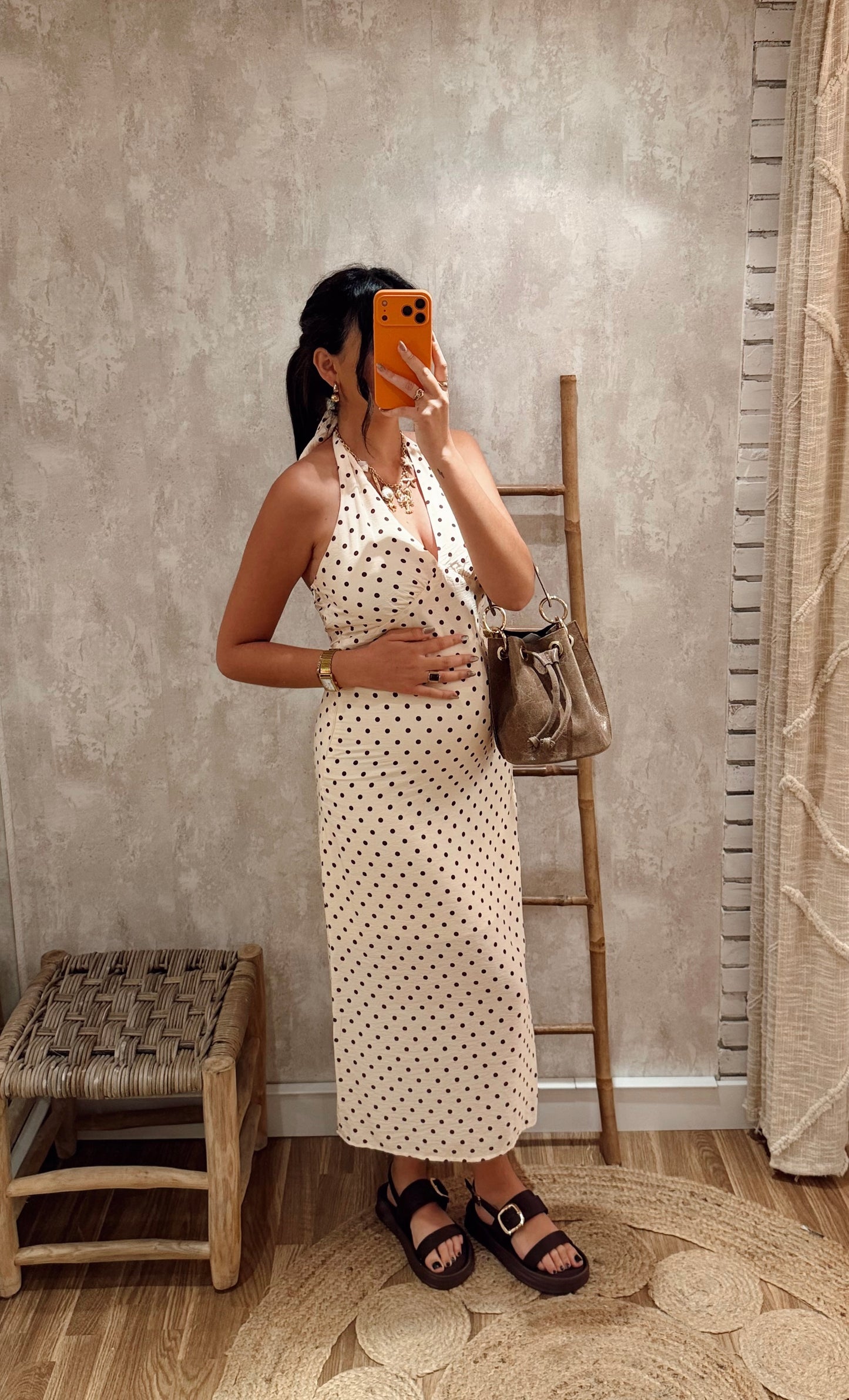Vestido midi com padrão polka dots