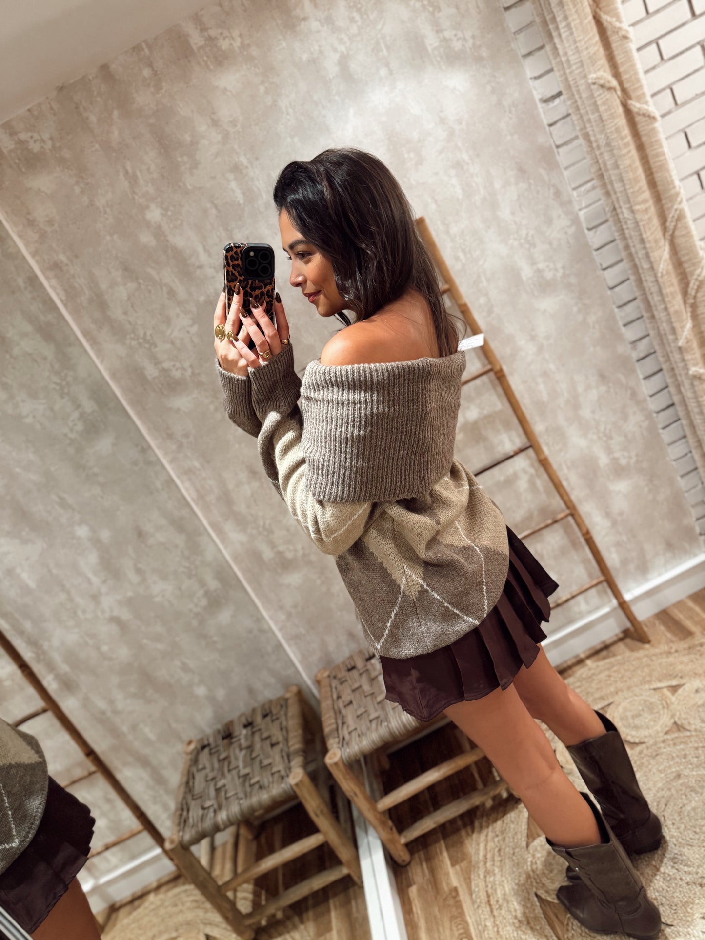 Camisola em Malha com Decote Ombro a Ombro Argyle