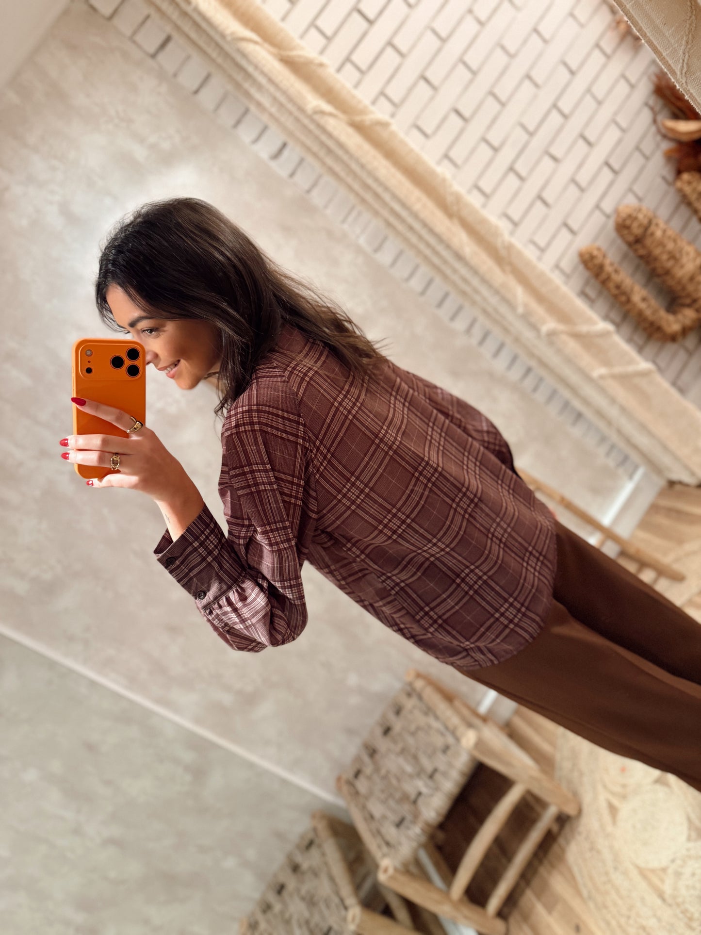 Blusa Castanha aos Quadrados com Laço no Decote