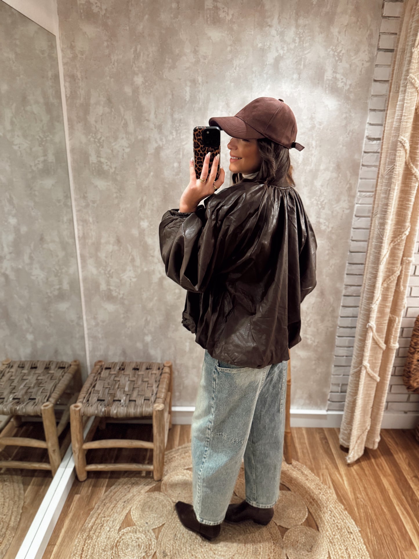 Casaco em Napa castanho c/mangas abalodada