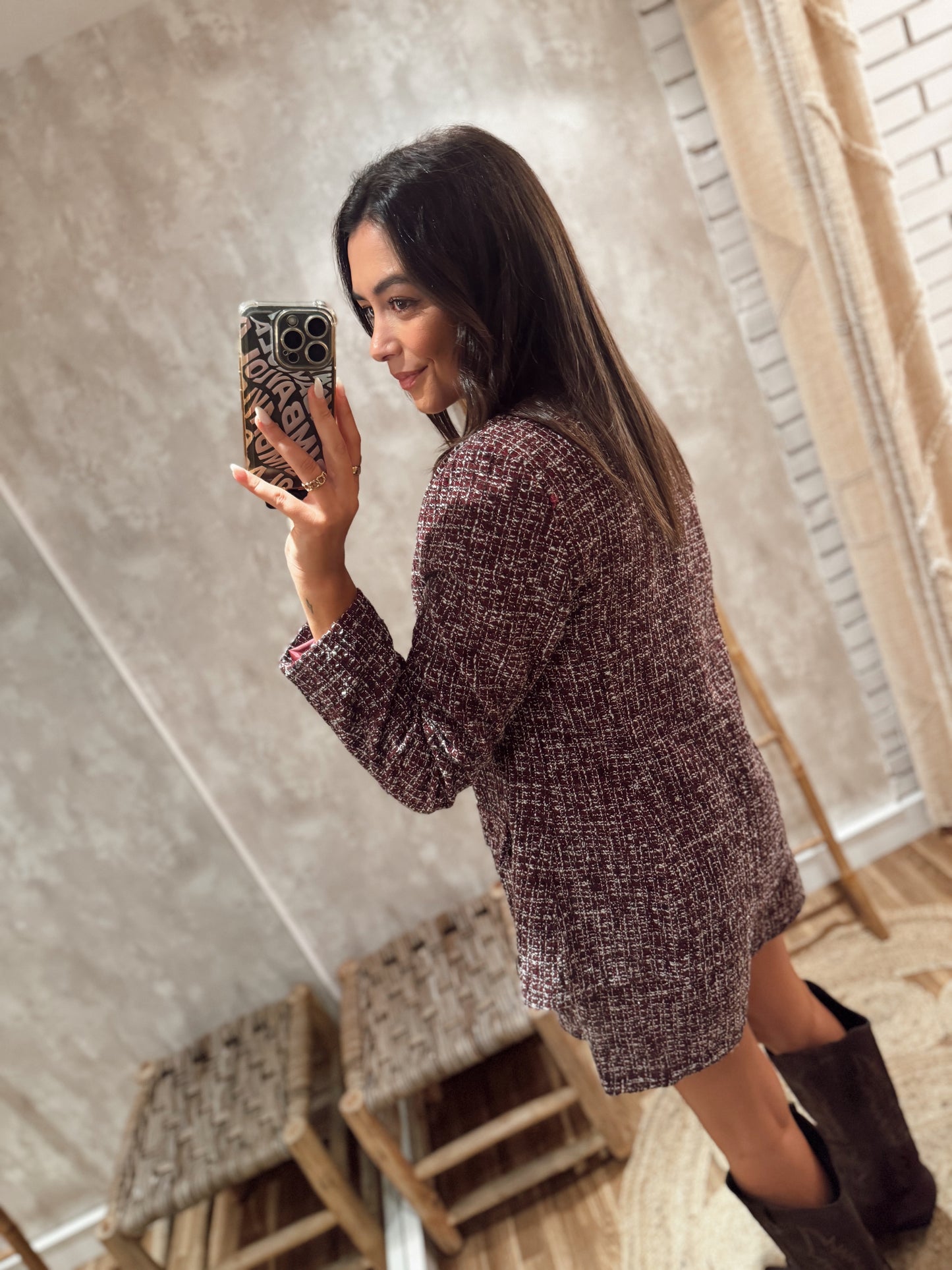 Conjunto estilo tweed composto por blazer e calção- Bordô