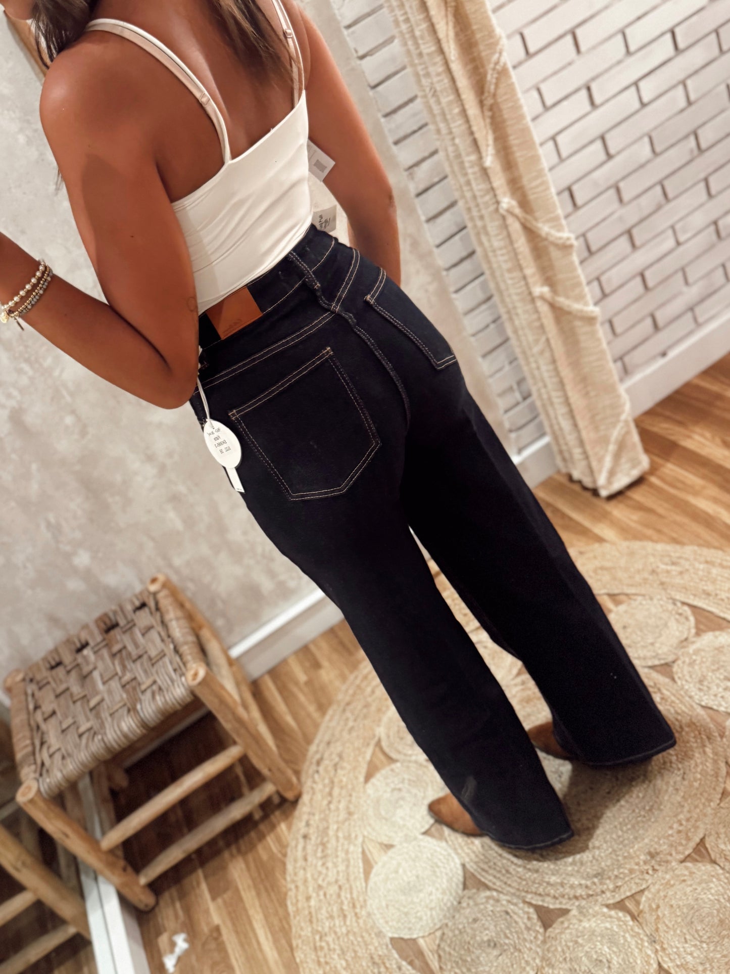 Calças de ganga escura Wide Leg - Botão cruzado