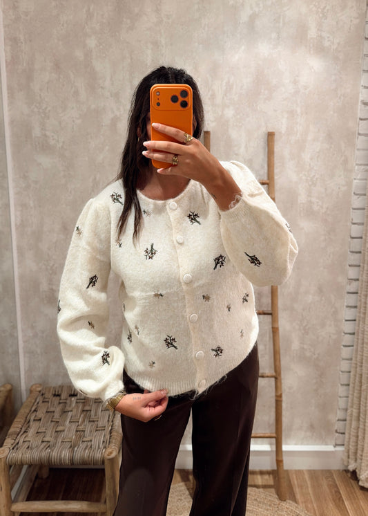 Cardigan Bordado com Botões Forrados
