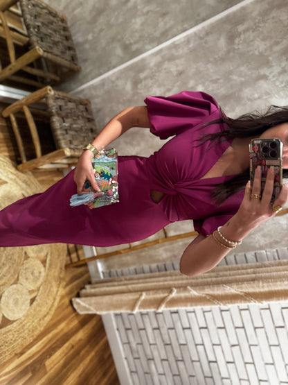 Vestido midi com manga balão estruturada beringela