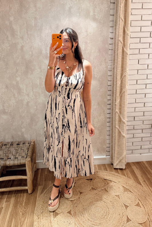 Vestido Midi Estampado com Botões Frontais