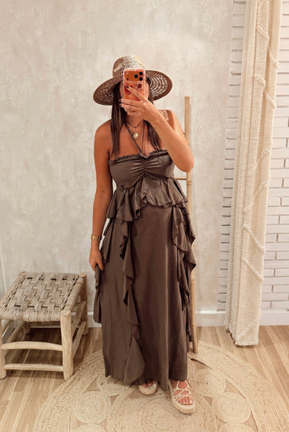 Vestido Comprido com Folhos Laterais