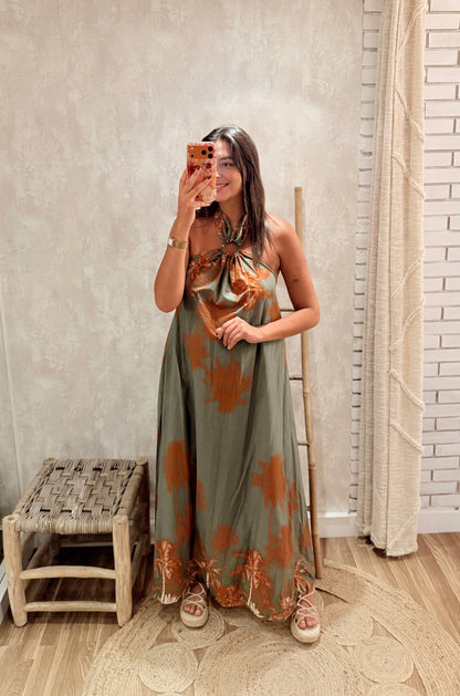 Vestido Comprido Estampado Tropical