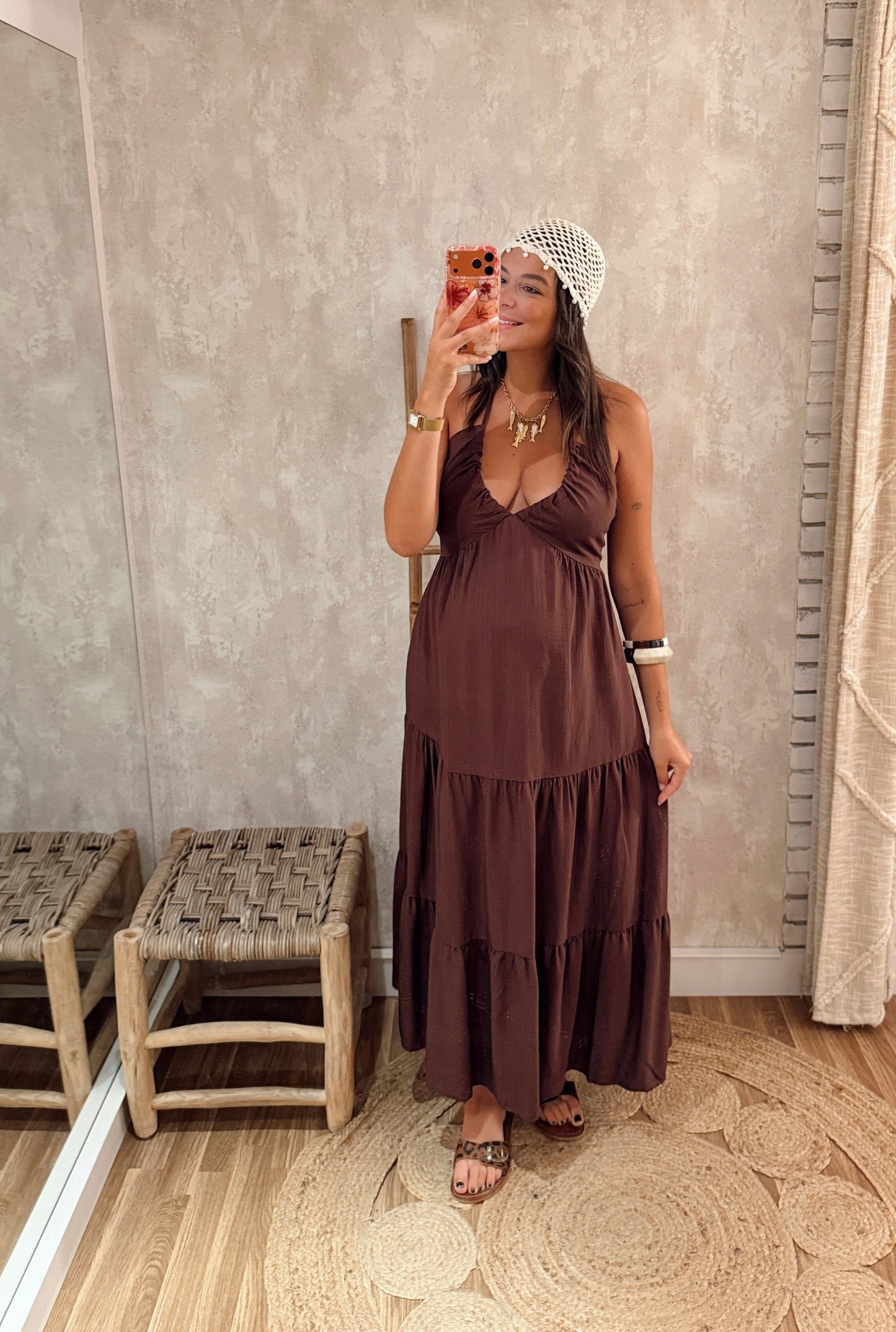 Vestido Comprido com Decote Franzido e Costas Elásticas