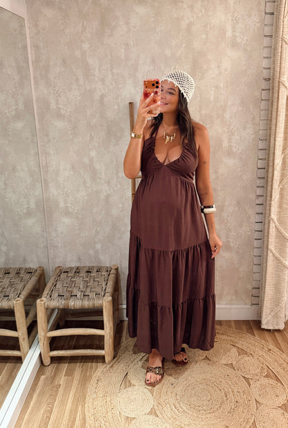 Vestido Comprido com Decote Franzido e Costas Elásticas