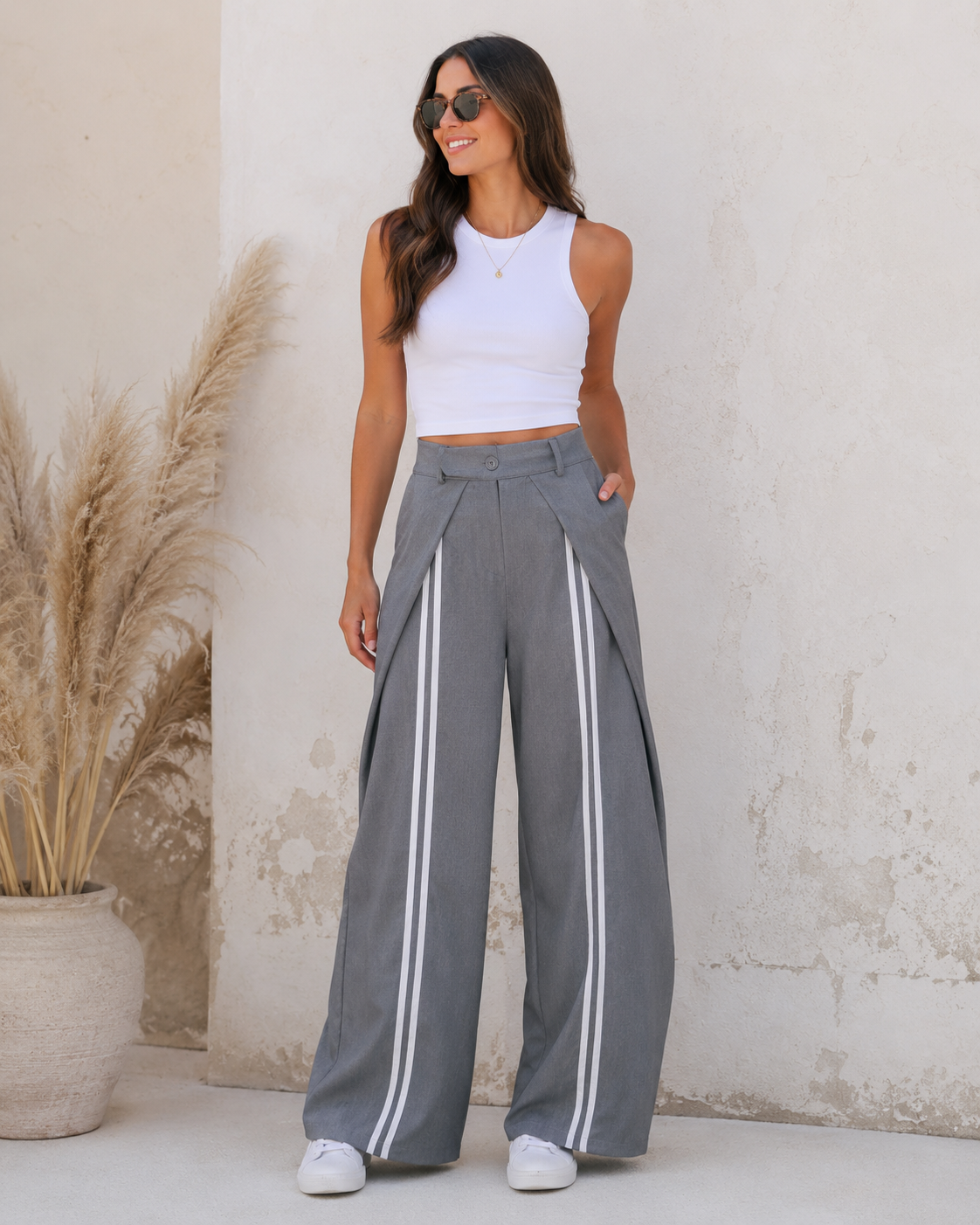 Calças Wide Leg com Riscas