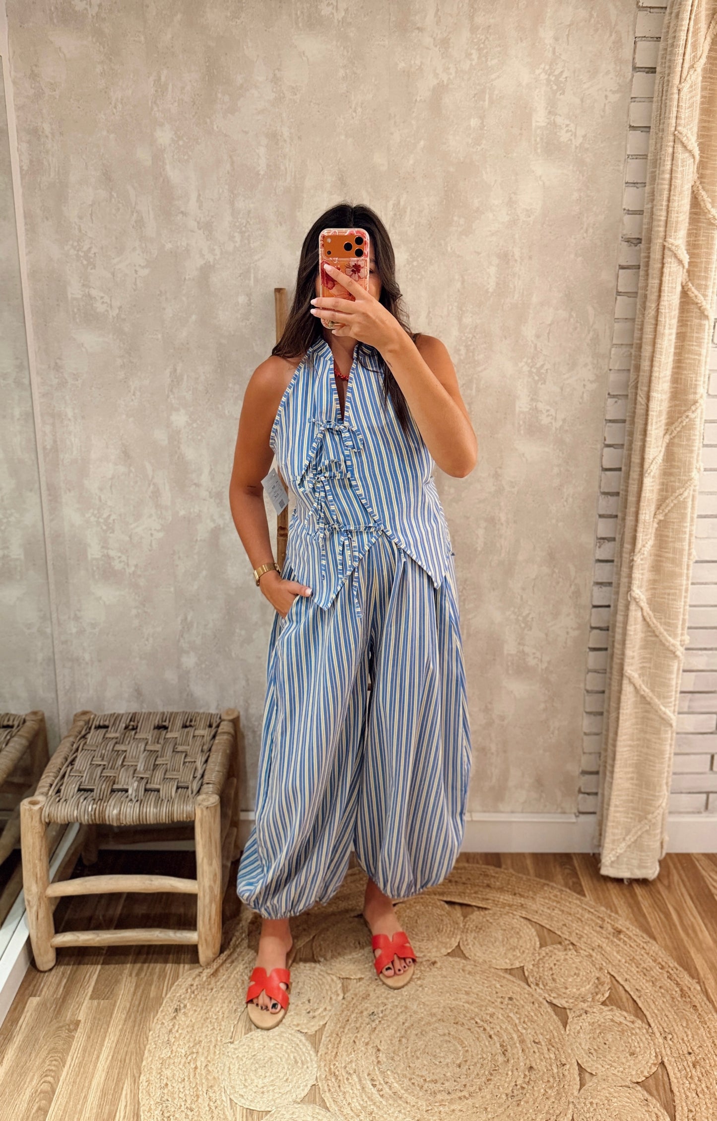 Conjunto Listado com Top de Atar e Calça Balão