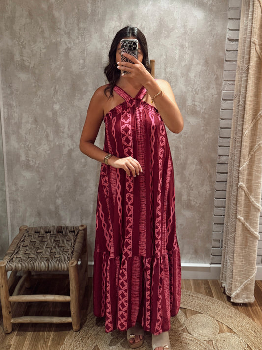 VESTIDO LONGO ESTAMPADO C/ALÇAS CRUZADAS