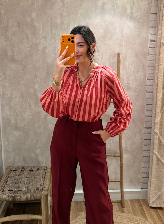 Camisa Listada Rosa – 100% Algodão