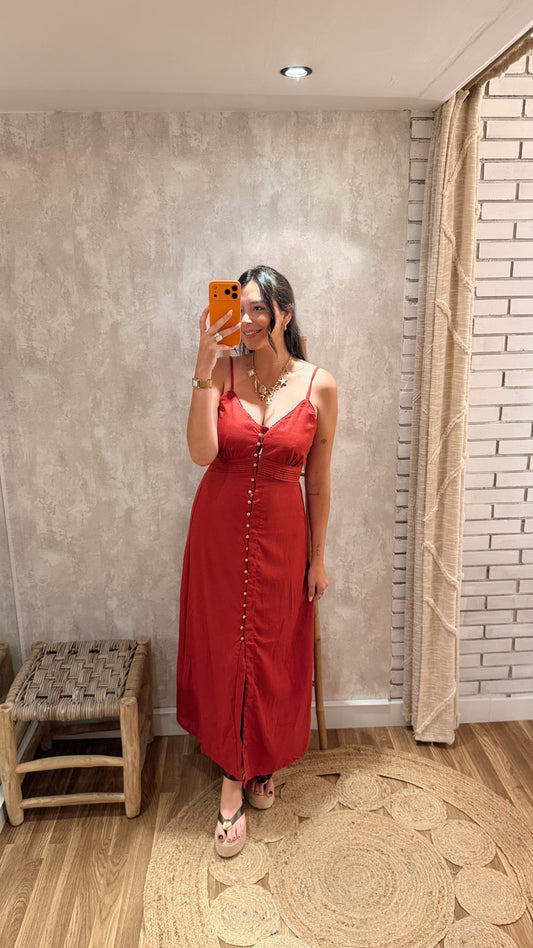 Vestido Midi em Linho com Botões Frontais