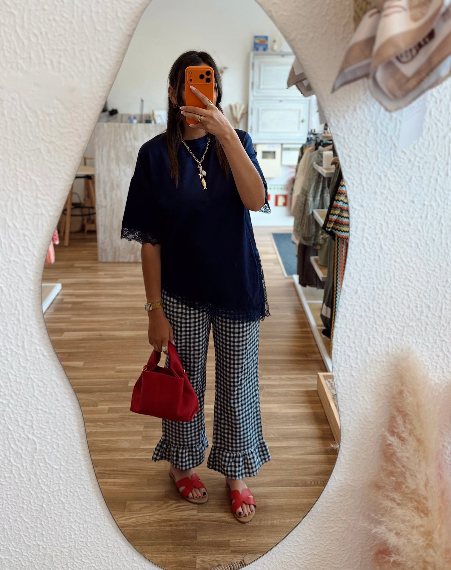 Calças Fluídas Vichy com Folho