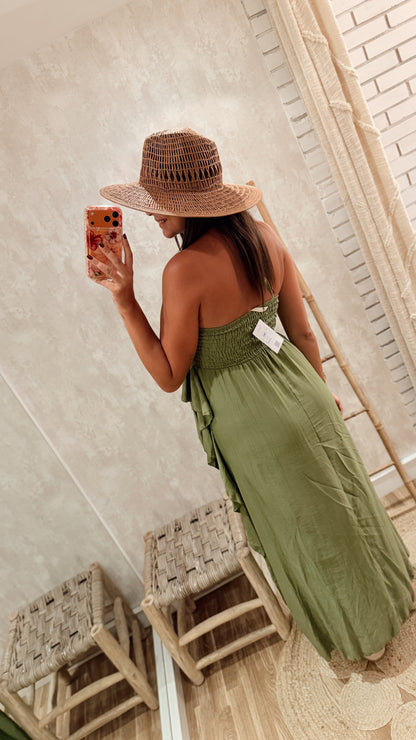 Vestido Comprido com Folhos Laterais