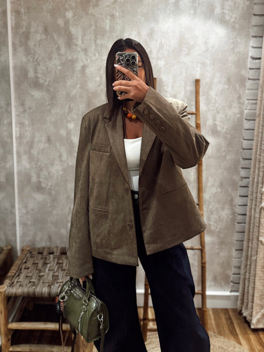 Blazer oversized em pele de pêssego -Verde
