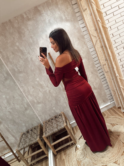 Vestido comprido de manga comprida c/ decote ombro a ombro e recorte com tule transparente