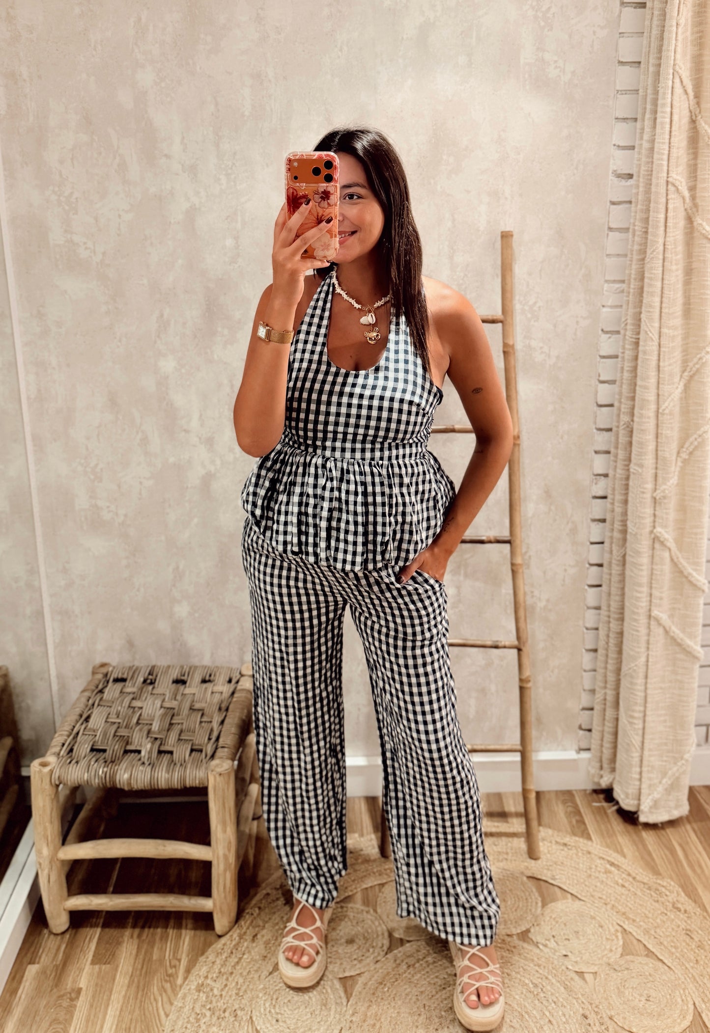 Conjunto Vichy Top Halter & Calças Pantalona