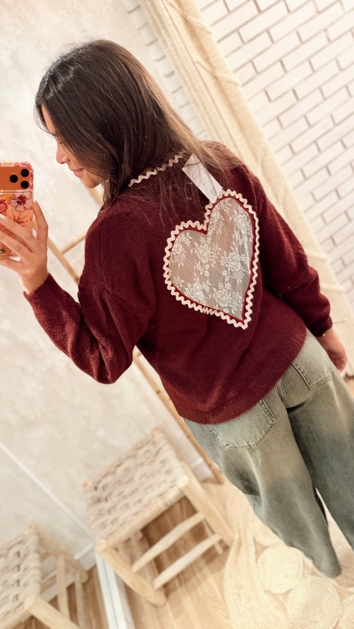 Cardigan de Malha com Coração em Renda