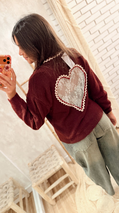 Cardigan de Malha com Coração em Renda