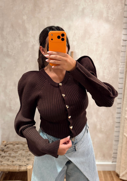 Cardigan em malha c/ detalhe de manga ondulada