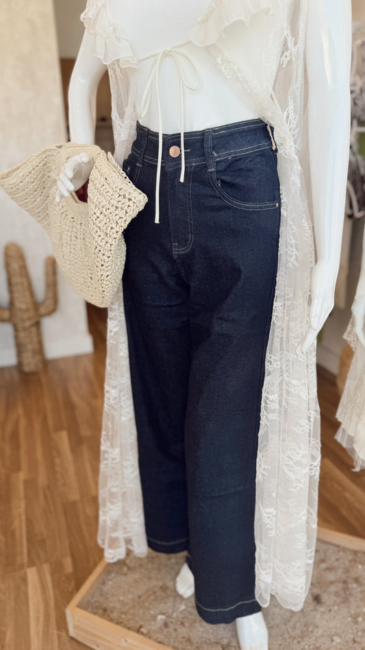 Jeans Wide Leg de Cintura Subida c/ganga escura