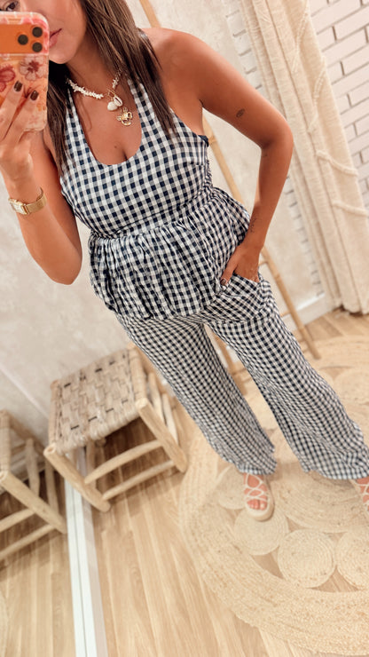 Conjunto Vichy Top Halter & Calças Pantalona