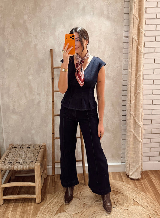 Conjunto Denim– Top Peplum & Calças Straight