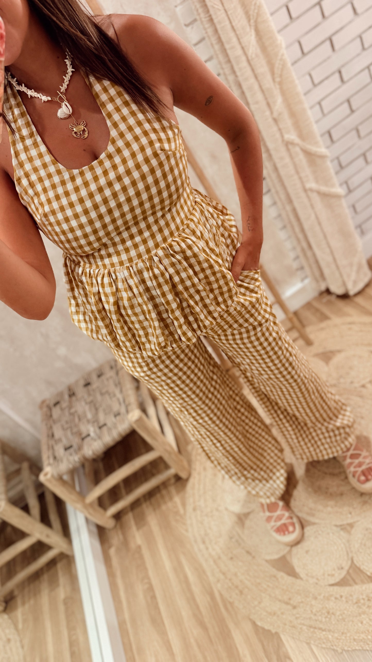 Conjunto Vichy Top Halter & Calças Pantalona
