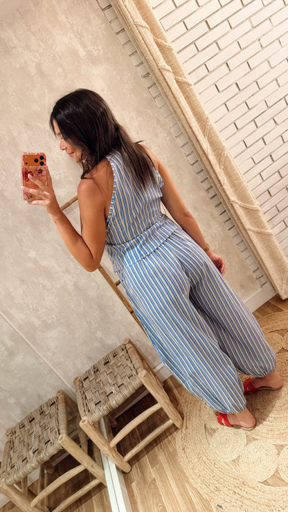 Conjunto Listado com Top de Atar e Calça Balão