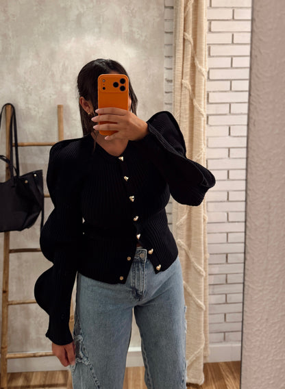 Cardigan em malha c/ detalhe de manga ondulada