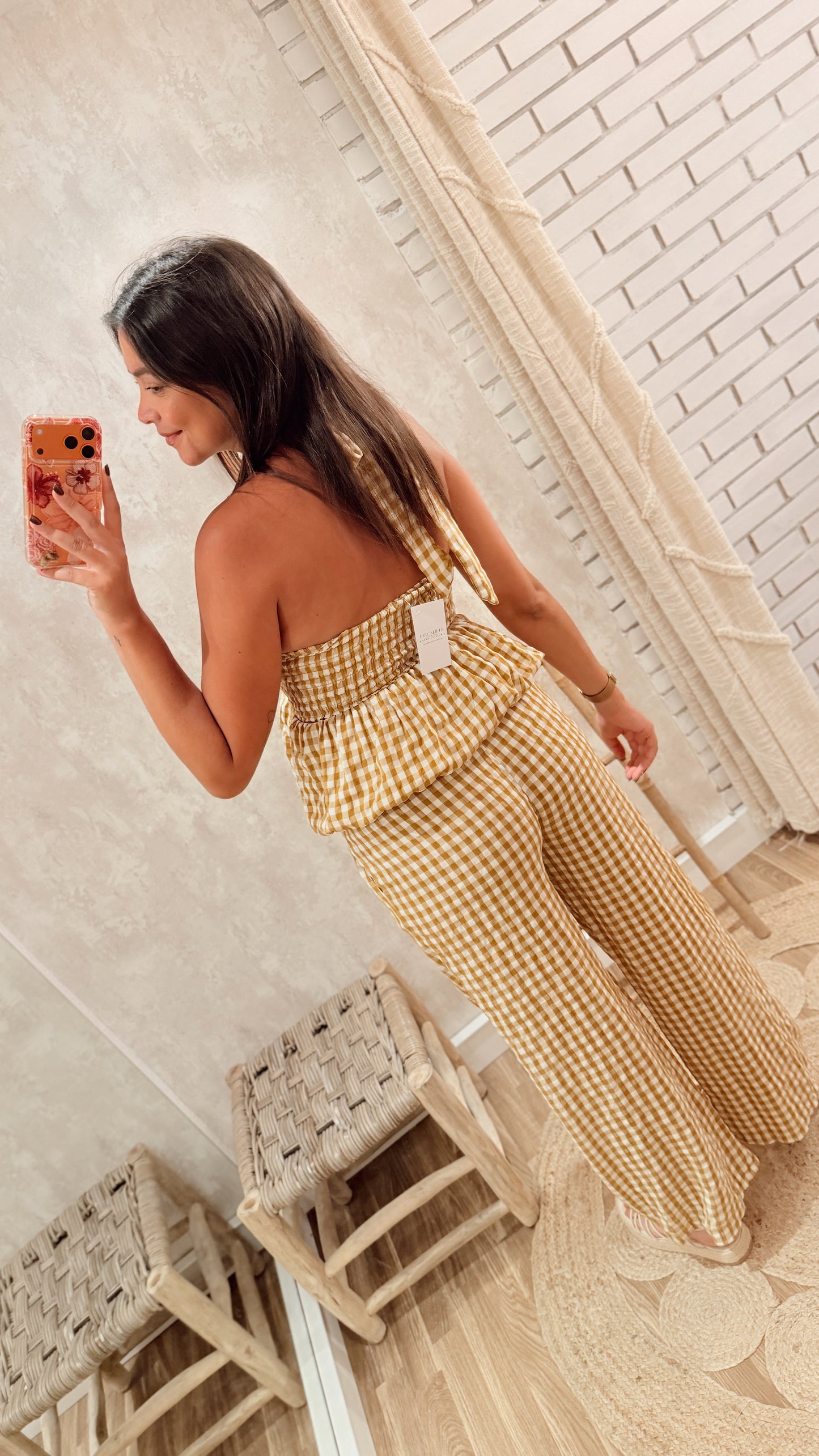 Conjunto Vichy Top Halter & Calças Pantalona
