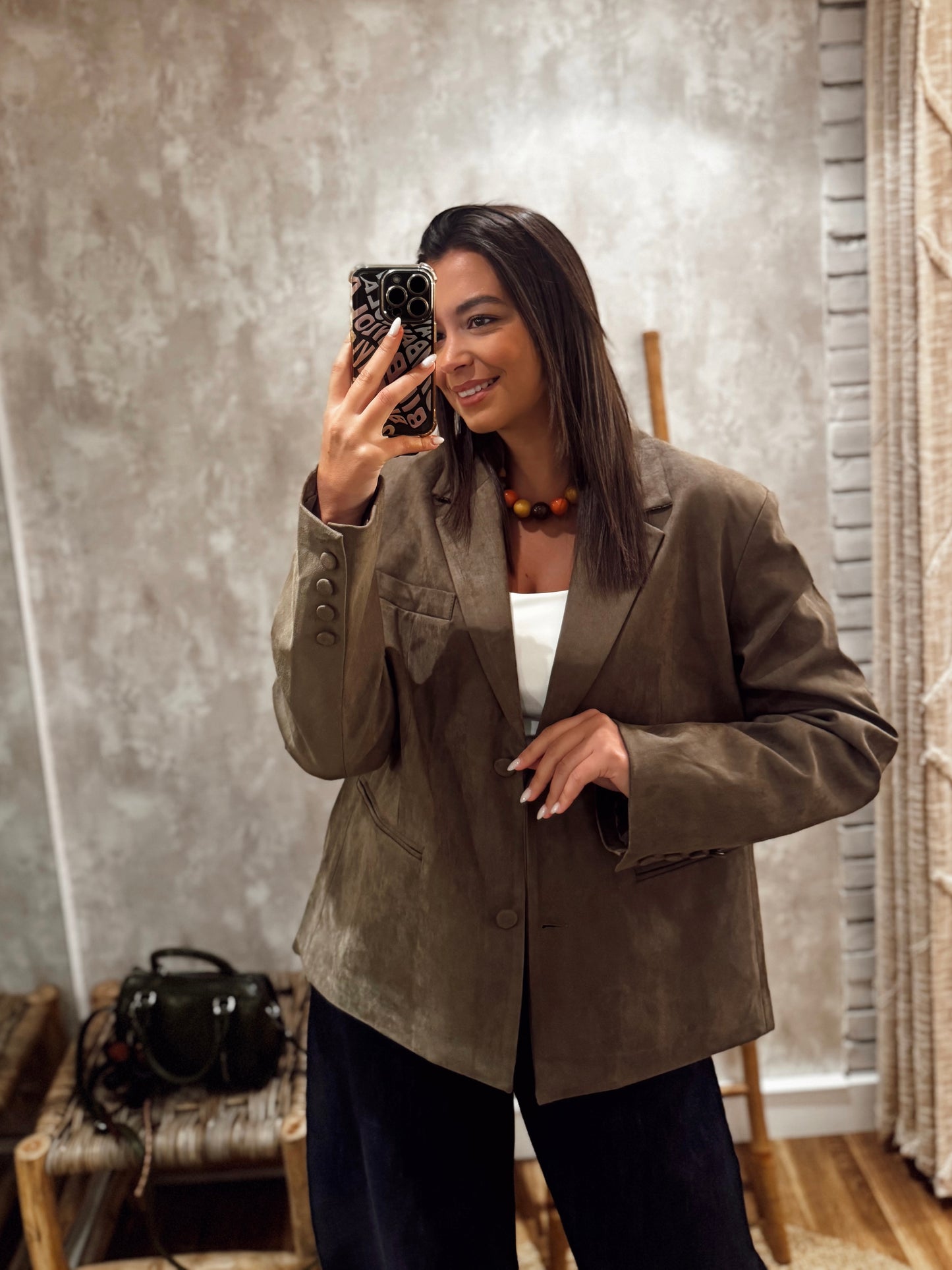 Blazer oversized em pele de pêssego -Verde