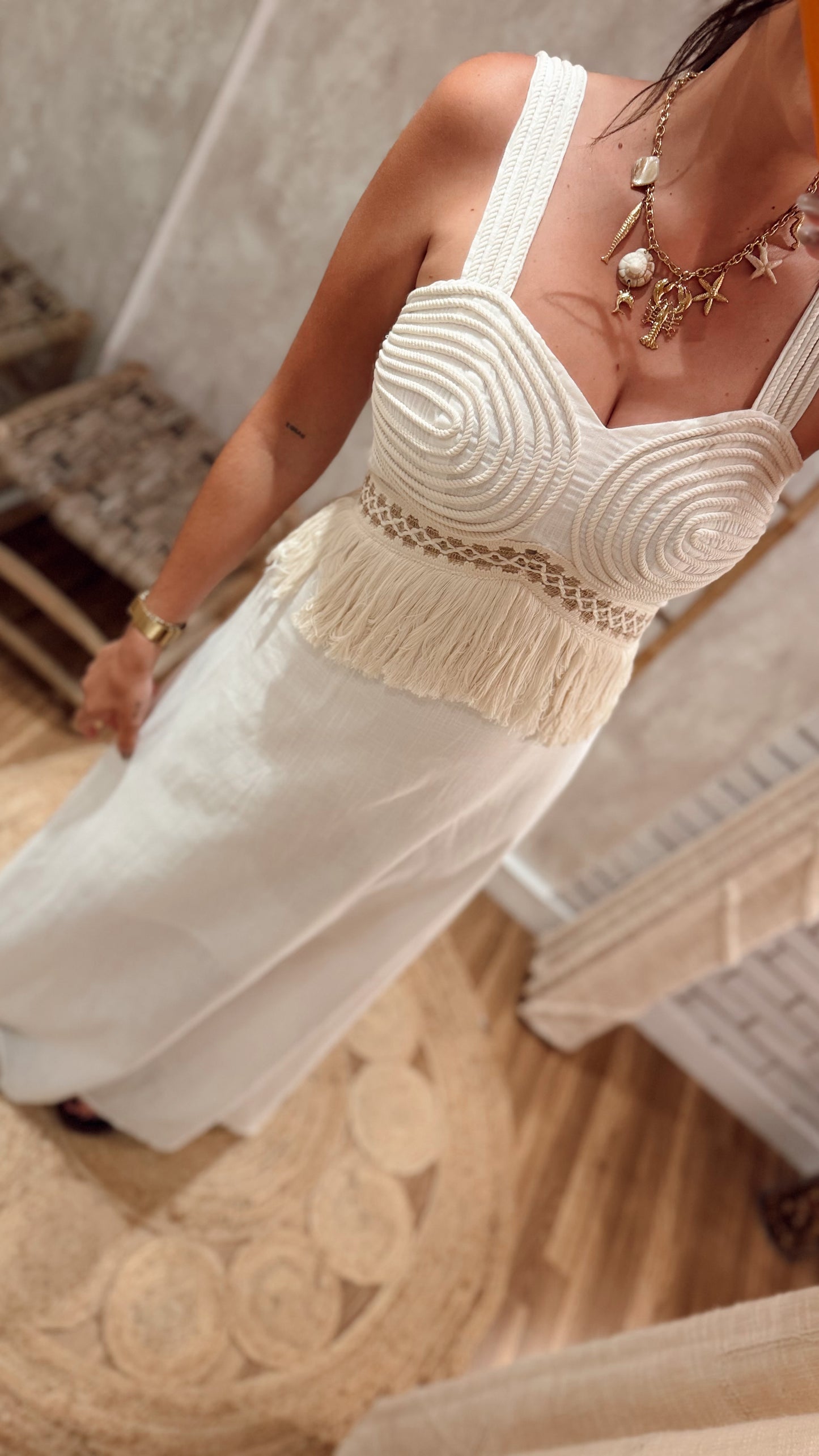 Vestido Comprido em Algodão com Detalhe em Corda