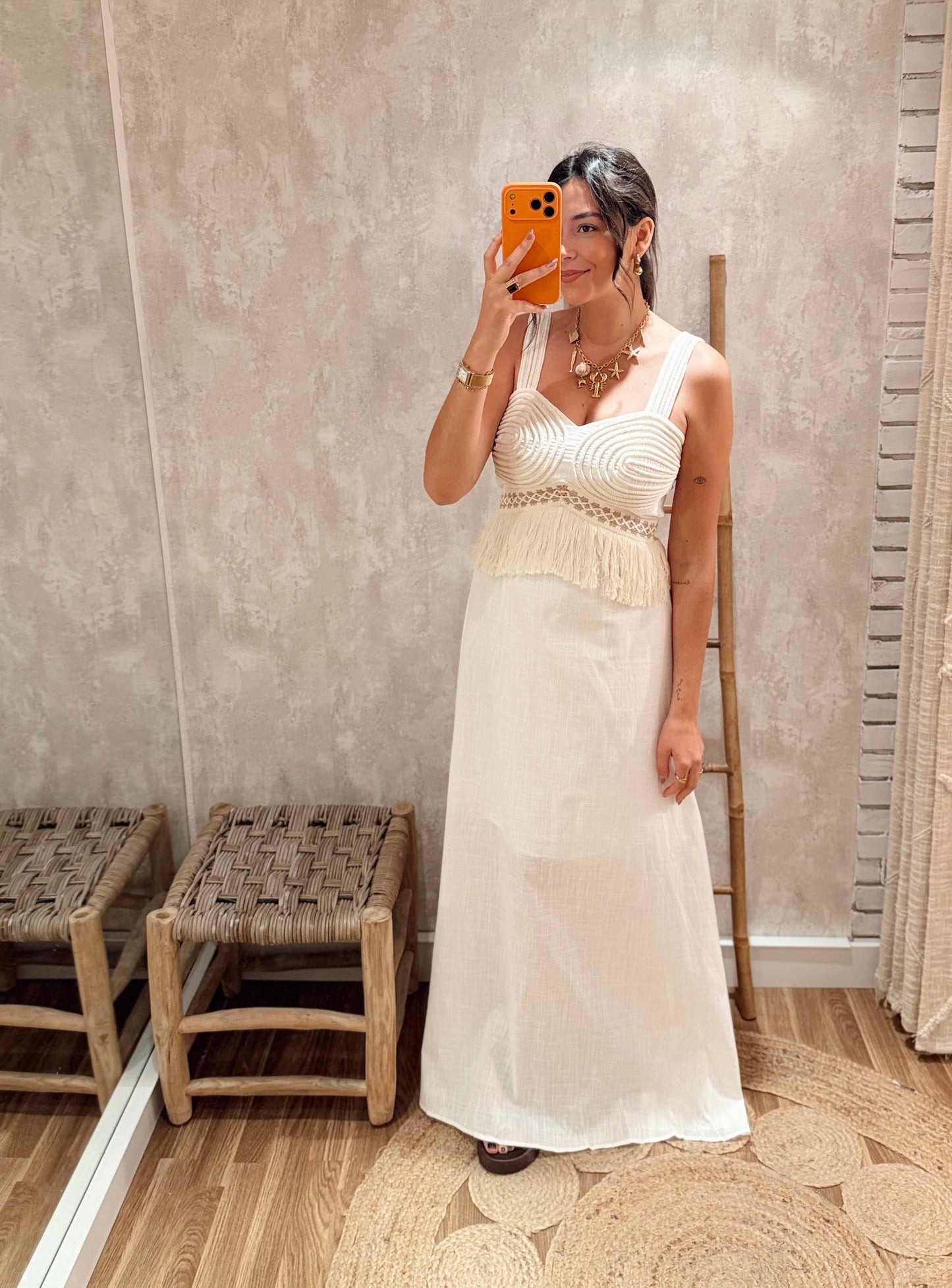 Vestido Comprido em Algodão com Detalhe em Corda