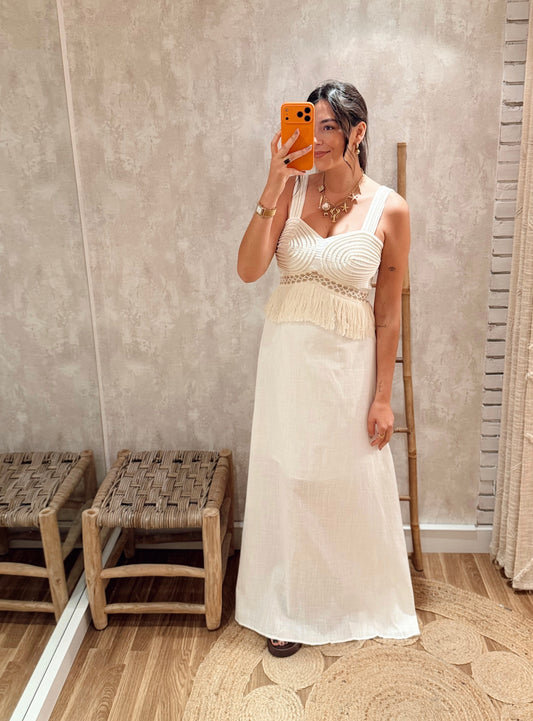 Vestido Comprido em Algodão com Detalhe em Corda