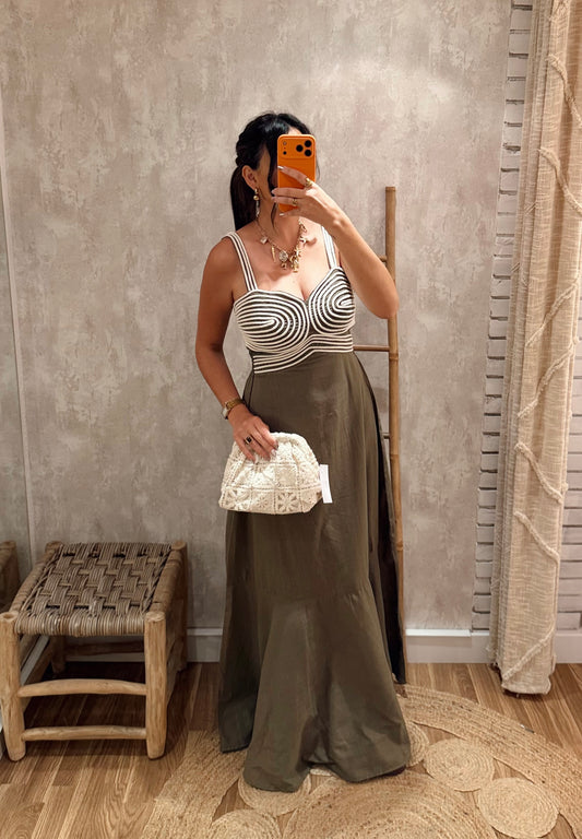 Vestido comprido caqui c/corda na parte superior