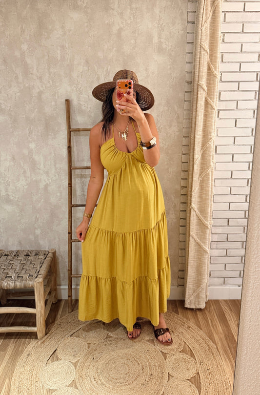 Vestido Comprido com Decote Franzido e Costas Elásticas