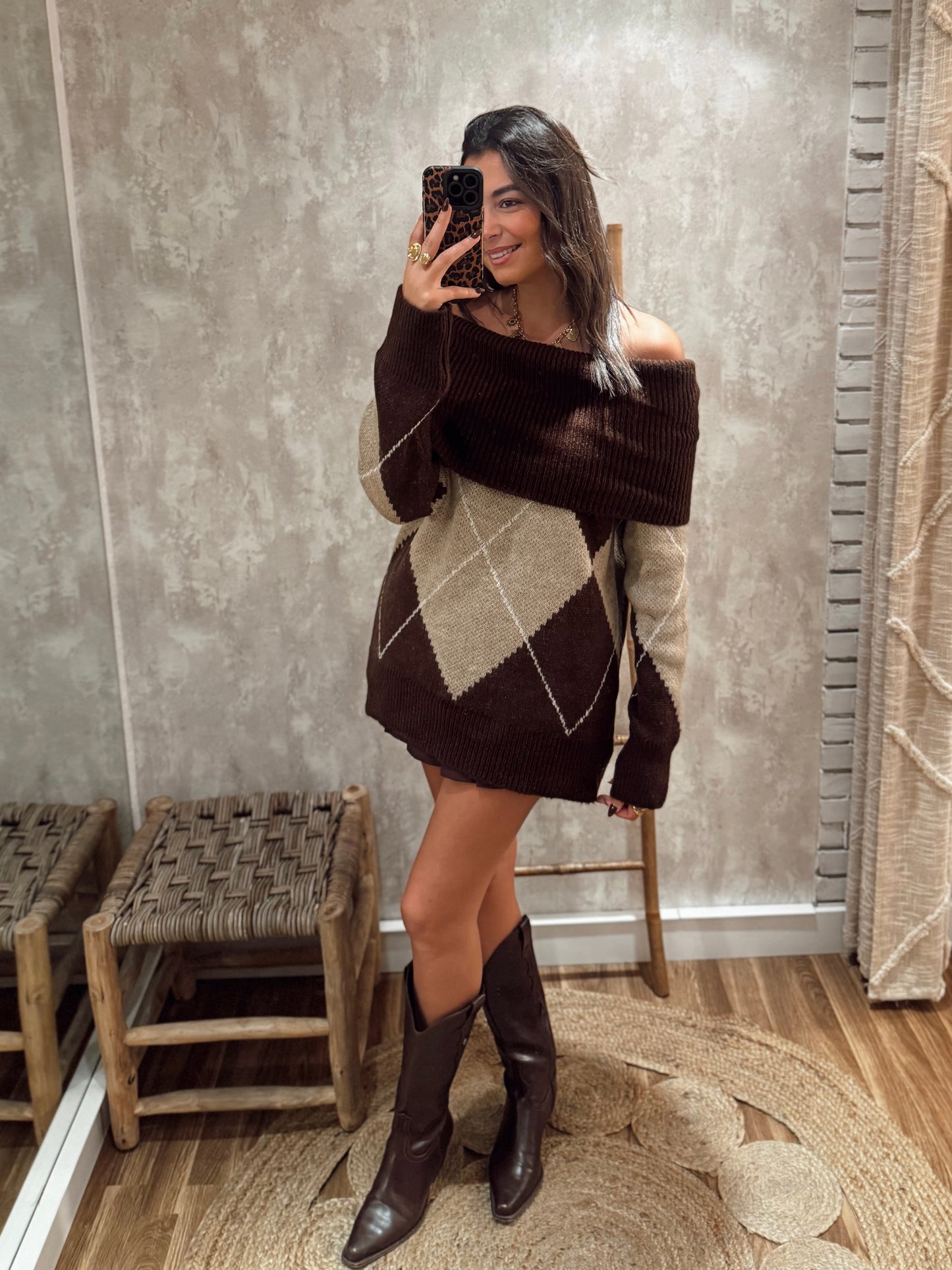 Camisola em Malha com Decote Ombro a Ombro Argyle