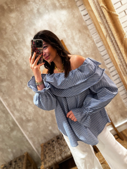 Blusa c/decote ombro a ombro c/folhos