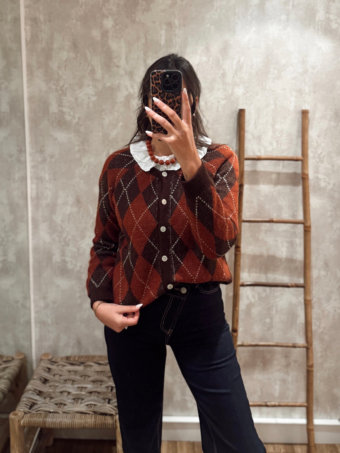 Cardigan em malha com padrão losangos