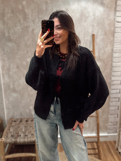 Cardigan de malha com atilhos frontais