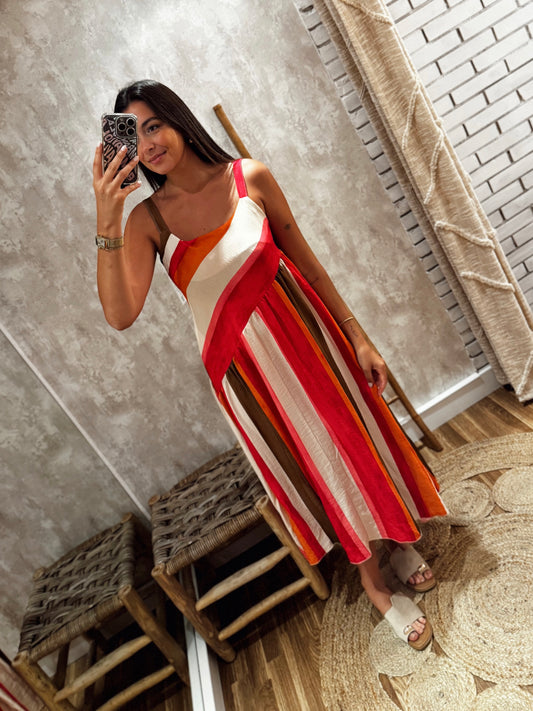 Vestido listado colorido – Rosa/Castanho