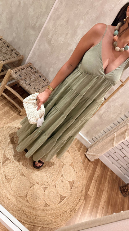 Vestido comprido em camadas caqui